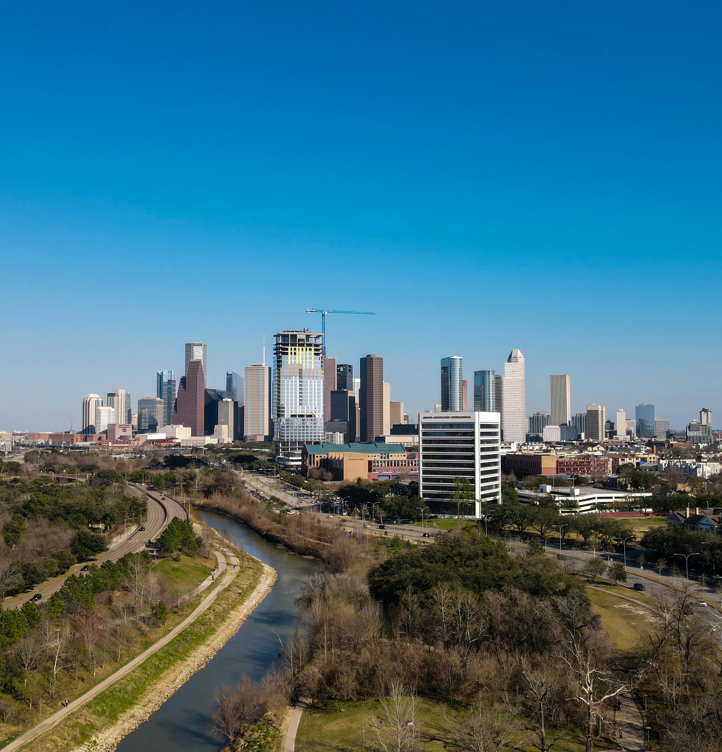 Houston downtown skyline with Buffalo Bayou in the foreground