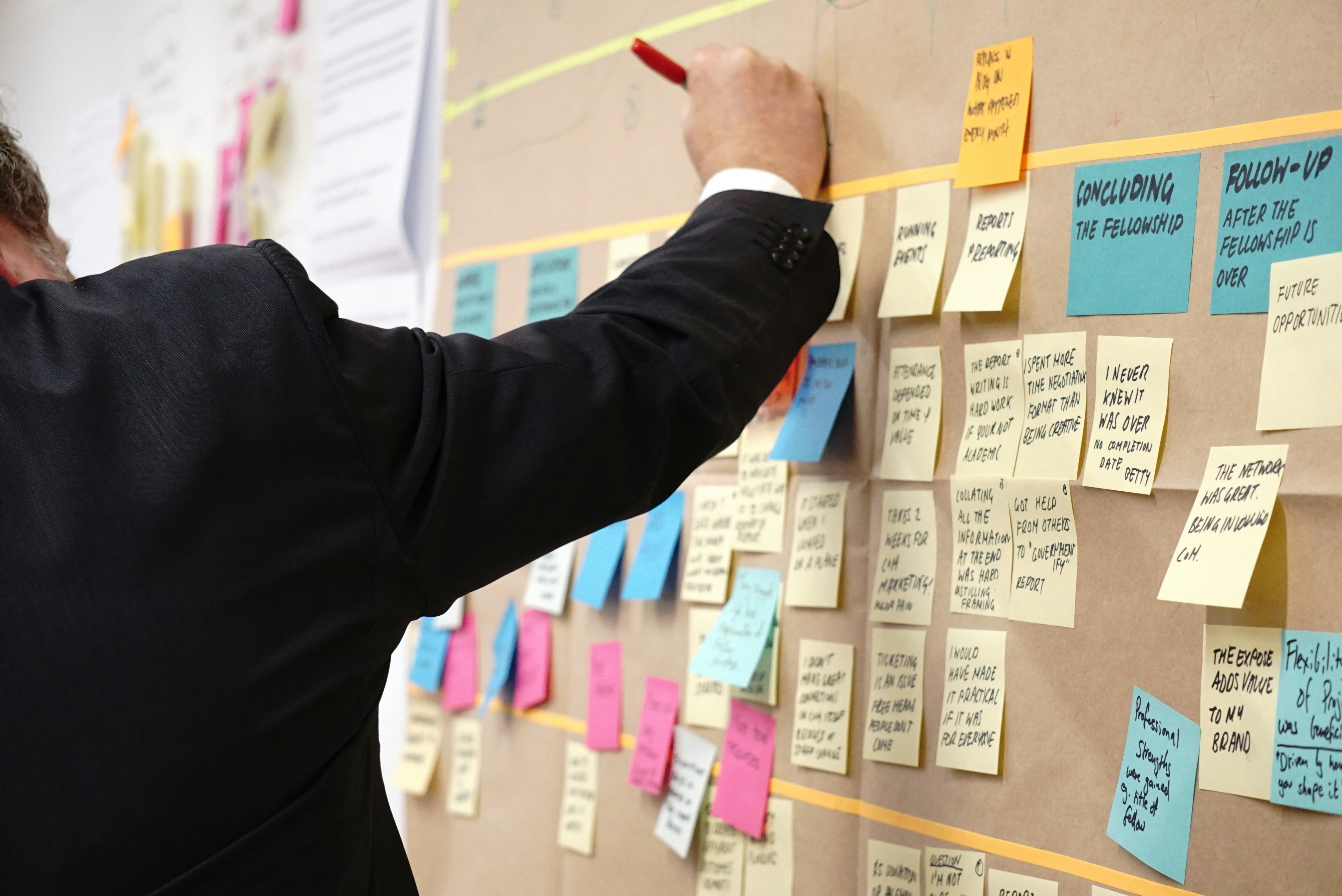 Kanban board with sticky notes representing workflow stages in a manufacturing operation