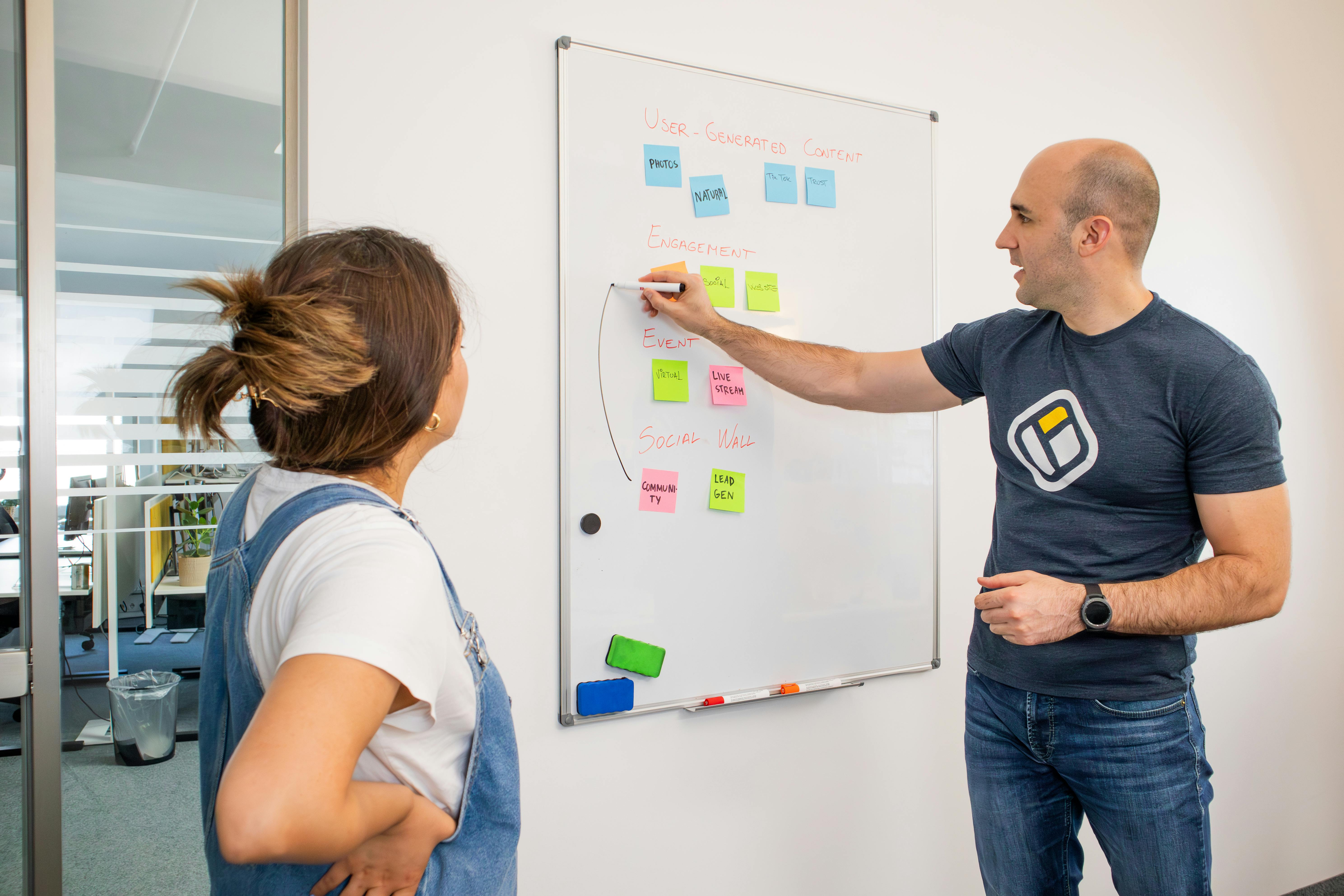 Team sprint planning at a whiteboard with sticky notes